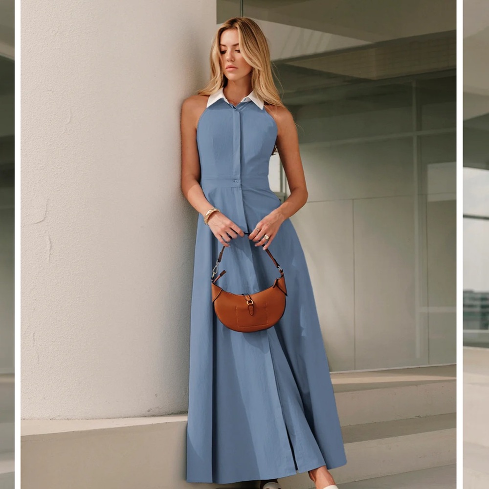 Commense Button Sleeveless Collar Maxi Dress